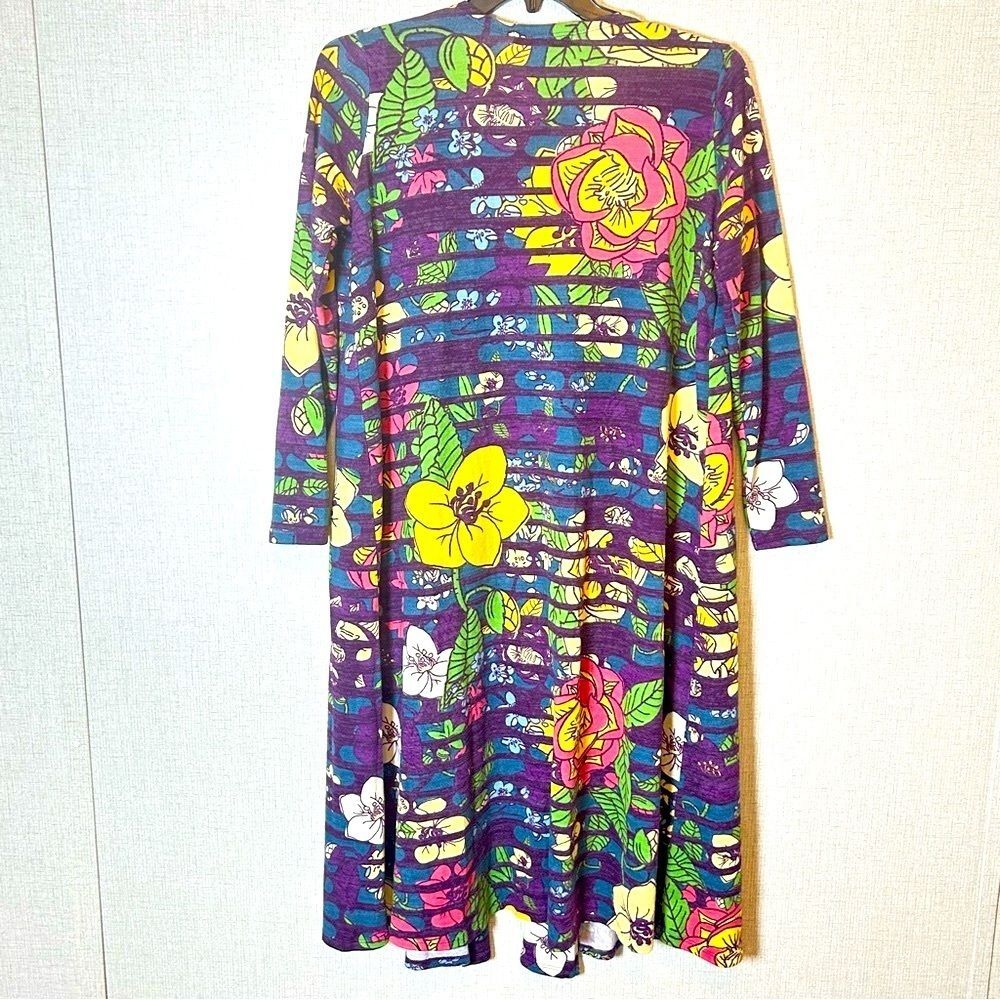 Lularoe Bright Floral Duster Jacket Maxi Cardigan Purple Blue Yellow Pockets M